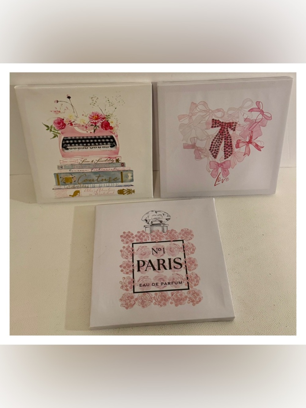 Pink Coquette Canvas Wall Art Set Paris Perfume Bow Glam Decor Like New Bundle